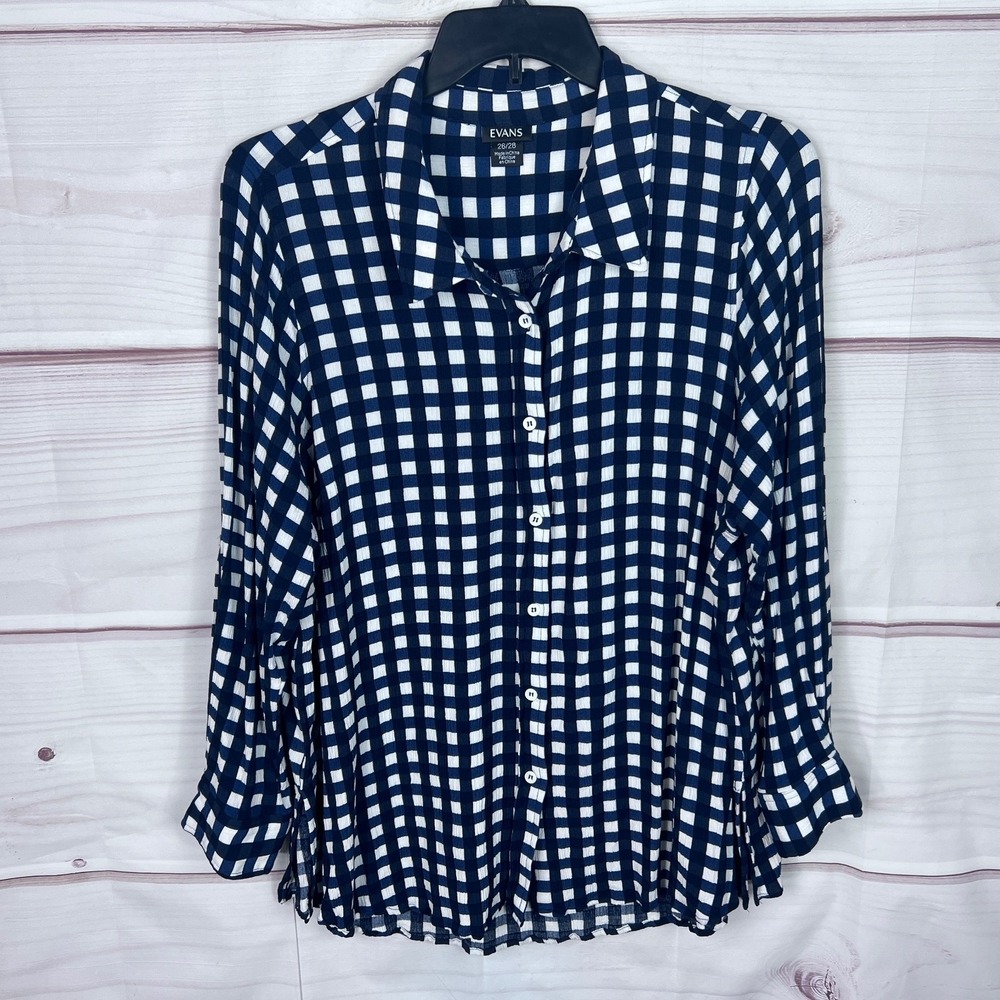Evans Top Womens 26 28 Blue Gingham Shirt Tunic Button Up Long Sleeve Collared